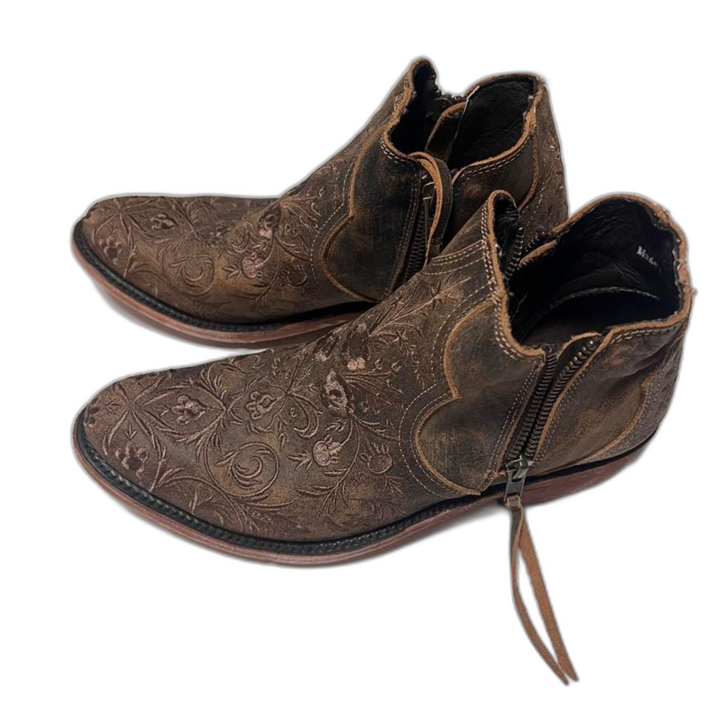 Liberty Black Miel Brown Floral Embossed Leather Ankle Boots Booties Size 7.5